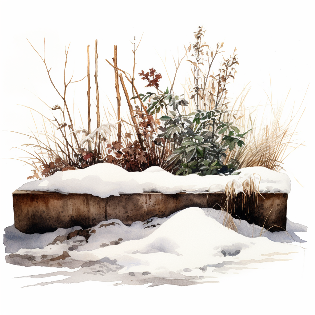 a raised bed in winter - watercolor