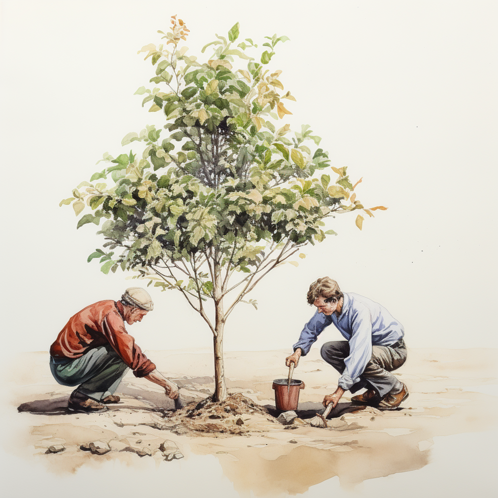 two men transplanting a small tree