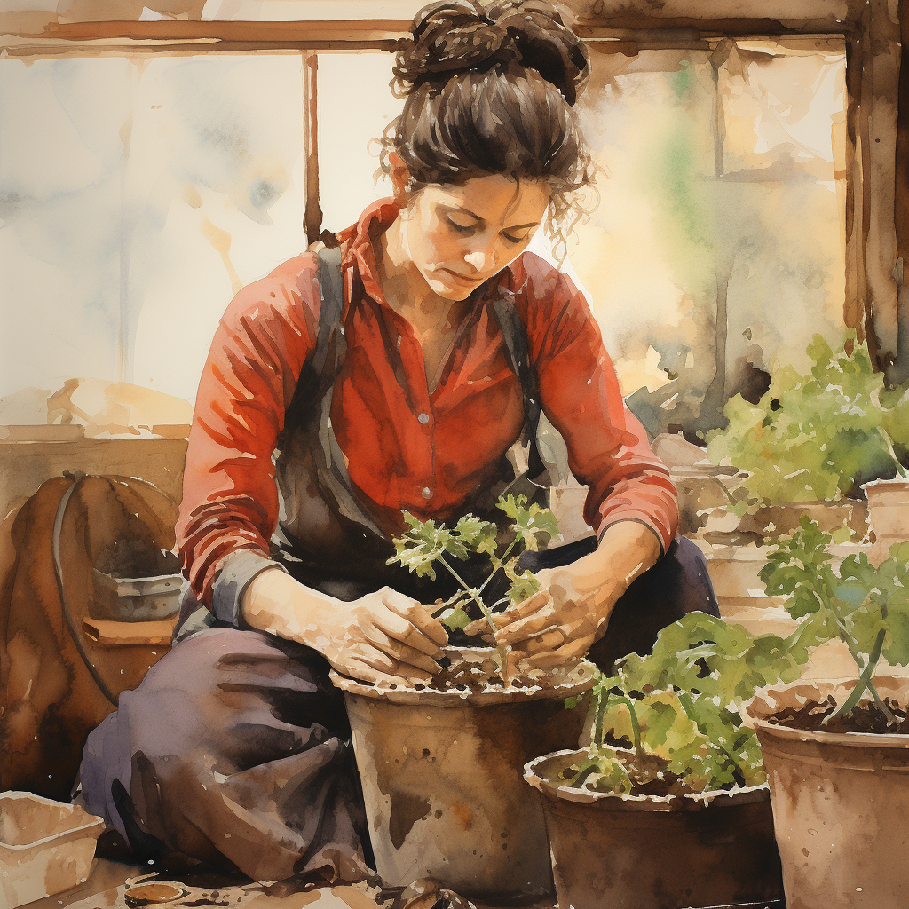 woman transplanting seedlings into a pot