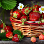 Harvested strawberries in a basket with leaves and flowers