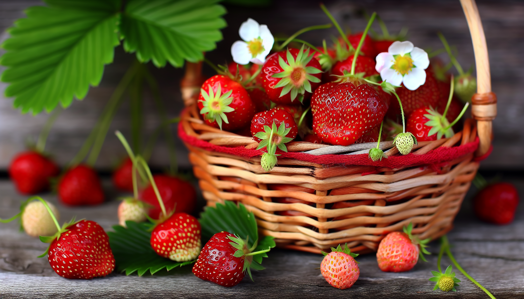 Harvested strawberries in a basket with leaves and flowers
