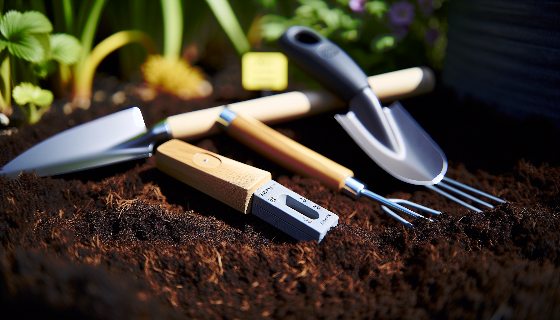 Soil test kit and gardening tools for soil preparation
