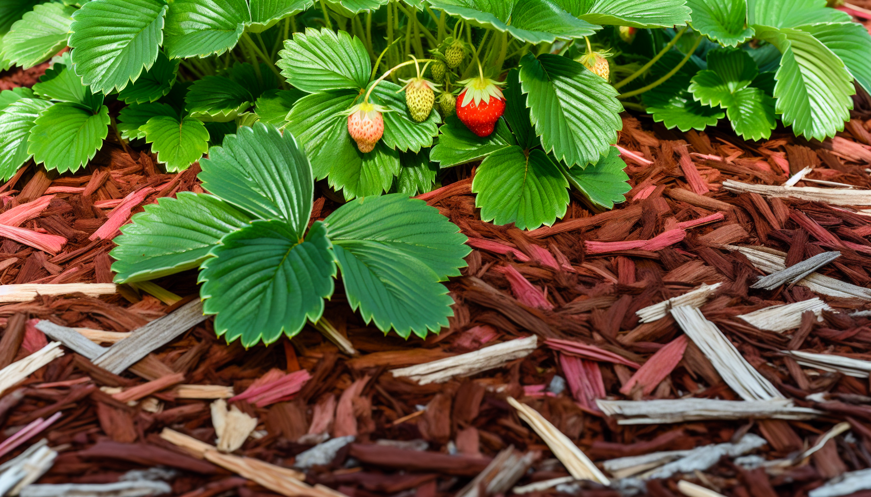 Mulched strawberry bed with ripe strawberries